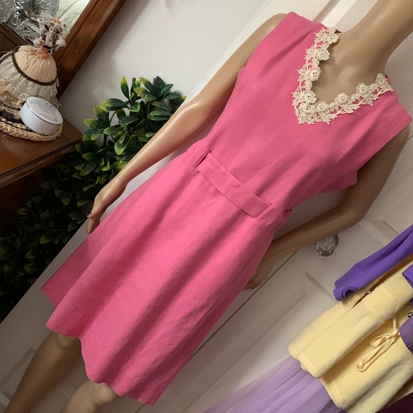 Vintage 1960's MOD Pink mini dress with pockets pure Irish linen  S M - Picture 11 of 13